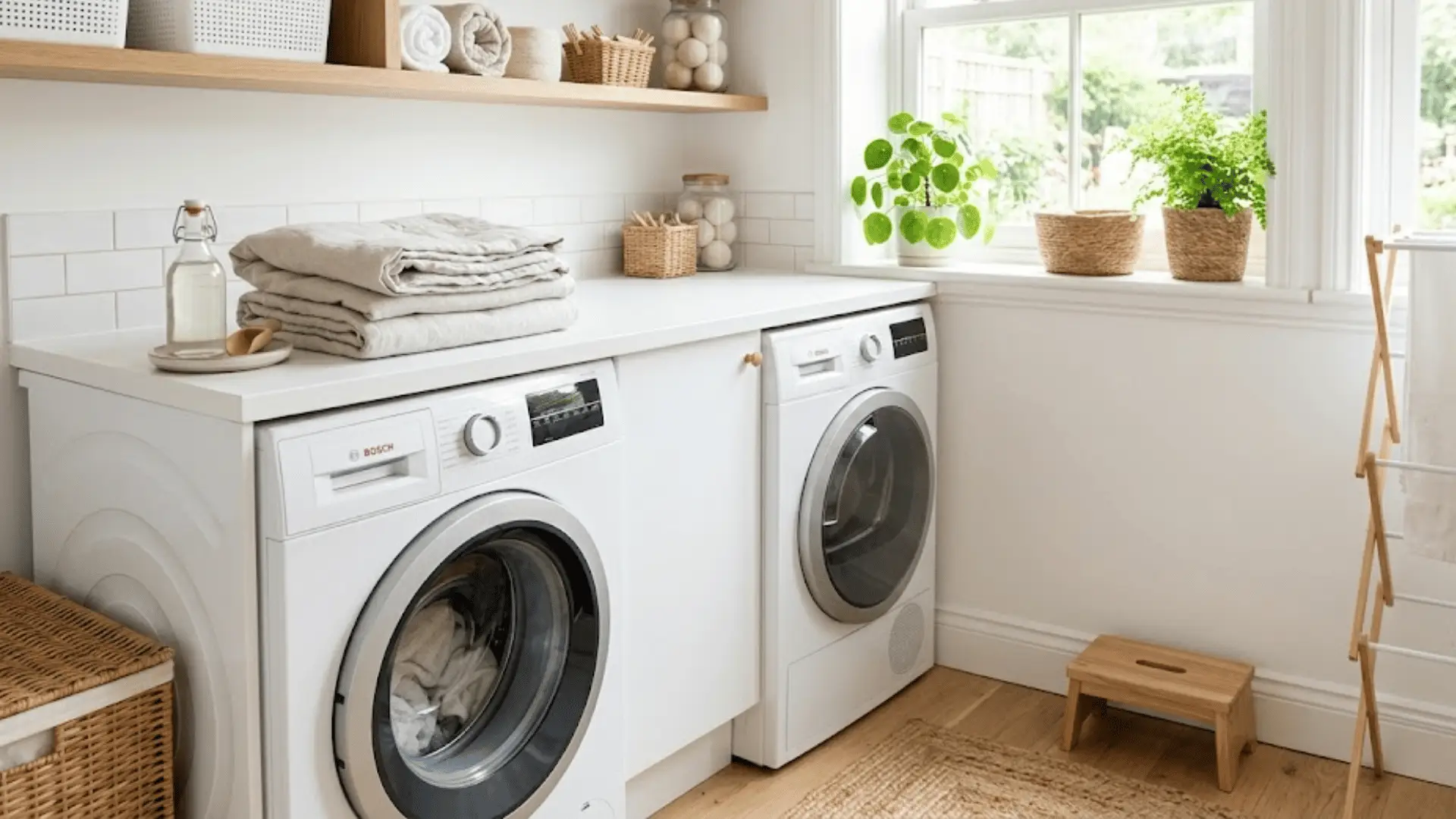 Laundry room with washing machine, dryer, folded towels on the counter, and potted plants by window