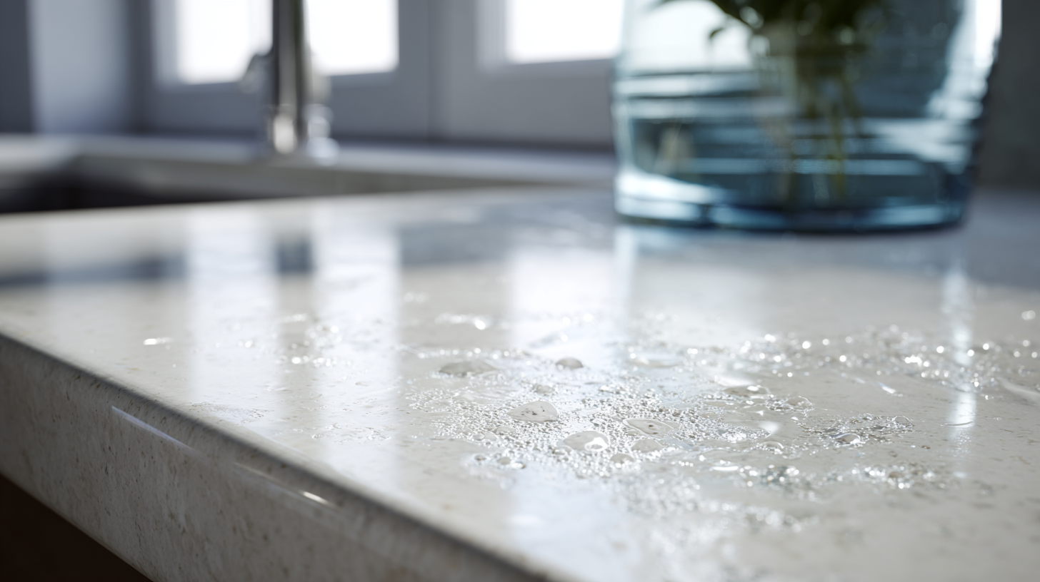 water spots and mineral buildup visible on a white quartz countertop surface near sink