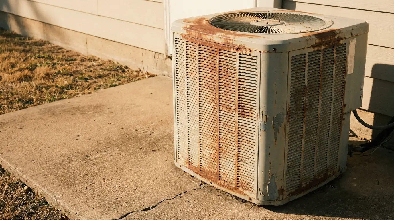 Rusty outdoor air conditioning unit on concrete slab in sunny backyard setting