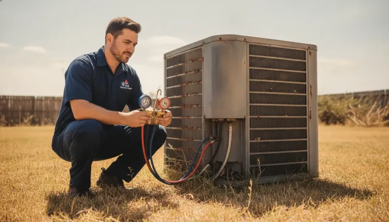 Technician inspecting HVAC unit with pressure gauges in outdoor setting with dry grass