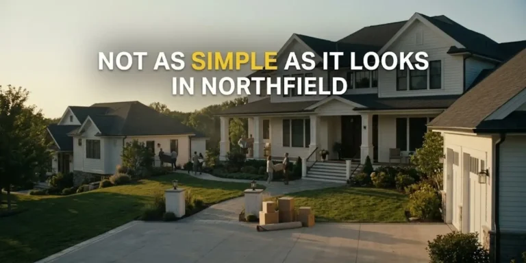 Large white suburban house with people moving boxes in the front yard at sunset