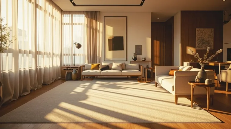 Modern living room with beige sofas, abstract wall art, and large windows in warm natural light