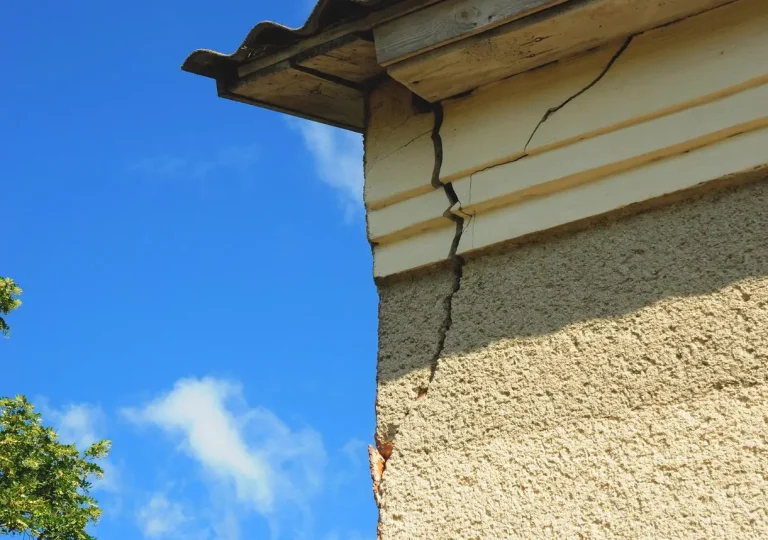 Cracked exterior wall corner under corrugated metal roof against blue sky