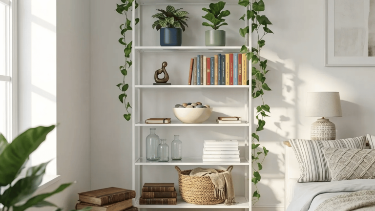White bookshelf in a bright bedroom, styled with colorful books, potted plants, glass vases, a woven basket, and decorative objects.