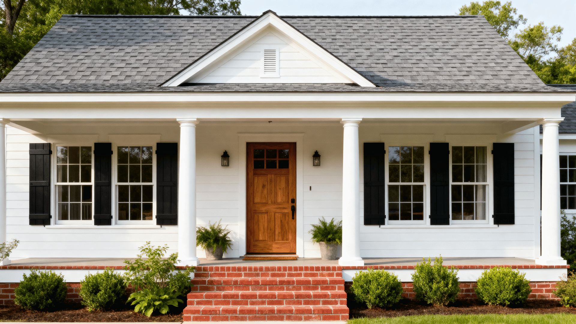 white farmhouse exterior with black shutters, wood front door, red brick steps, and gray shingle roof
