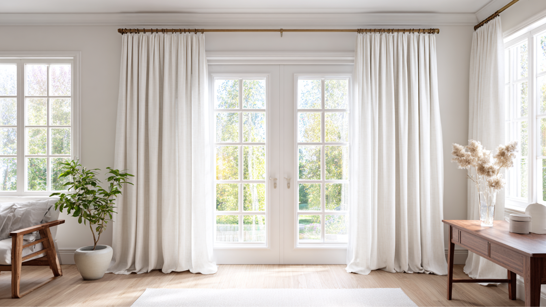 white floor length curtains framing french doors in a bright room with natural light wooden furniture and indoor plants