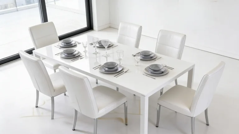 White rectangular six-seater dining table with grey place settings and white leather chairs