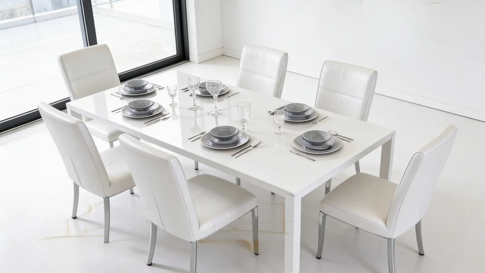 White rectangular six-seater dining table with grey place settings and white leather chairs