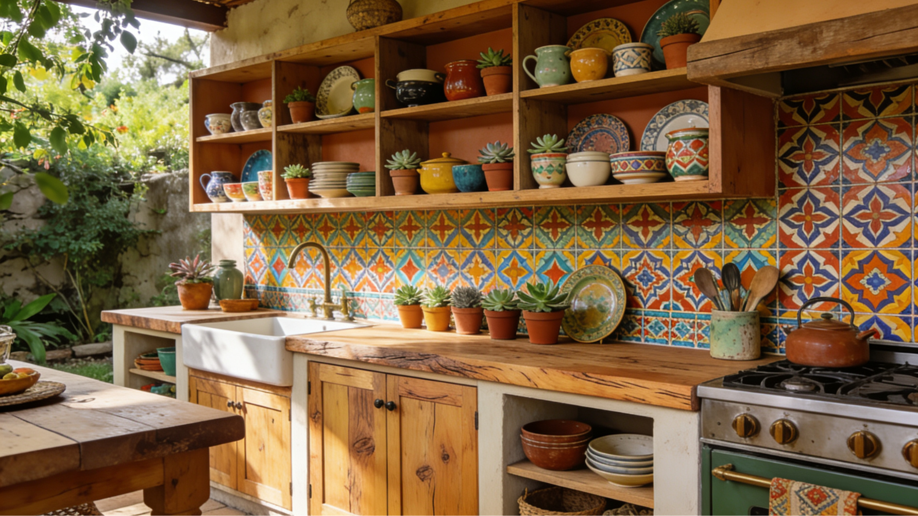 white shiplap outdoor kitchen with black matte hardware and rough-sawn timber floating shelves