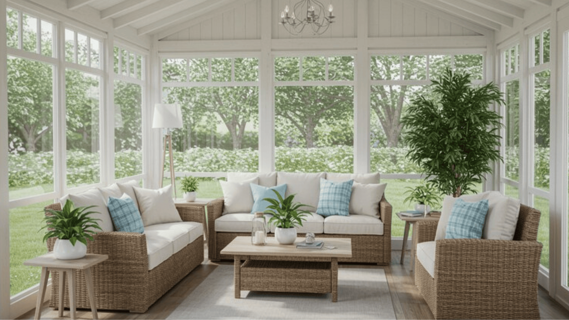 white sunroom with wicker furniture, large windows, indoor plants, and soft cushions overlooking a lush green garden