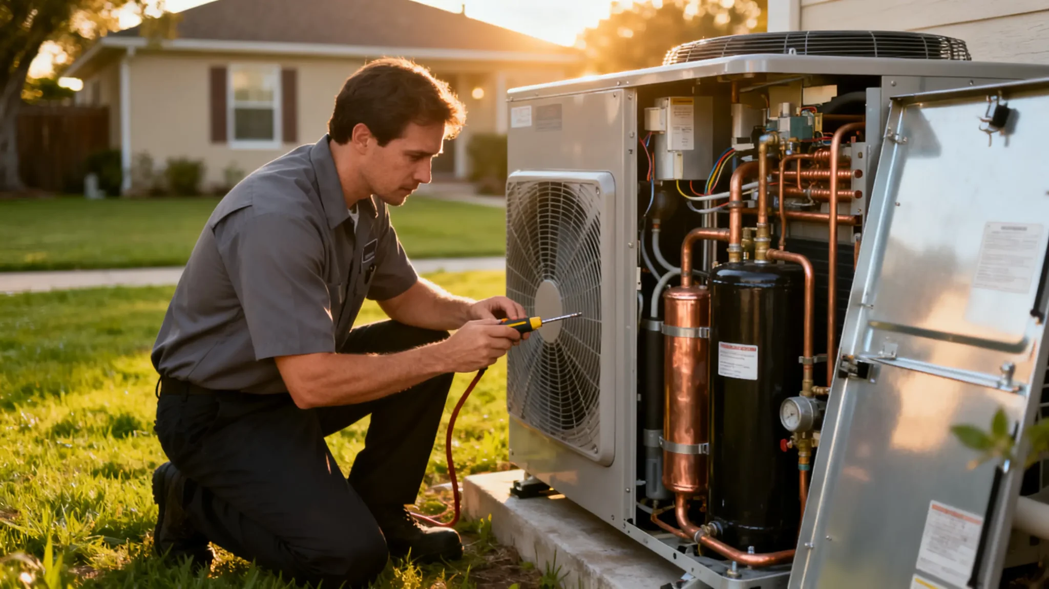 Technician kneeling beside an open air conditioning unit in a sunny residential yard