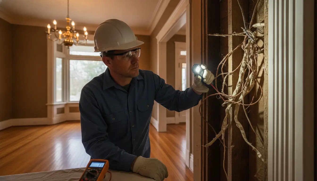 Electrician in hard hat inspecting exposed wiring in a dimly lit room with wooden floors