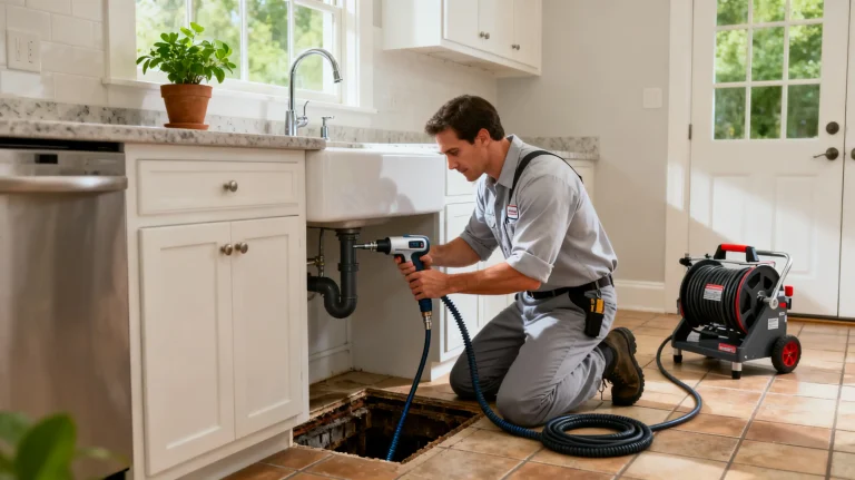 Plumber using drain snake under kitchen sink in bright tiled kitchen