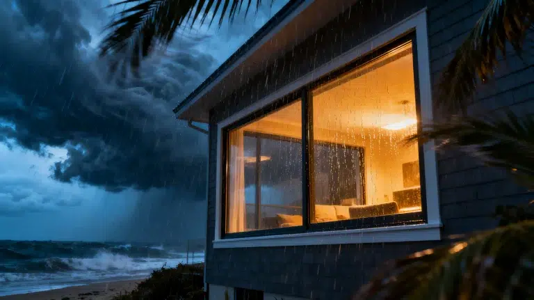 Cozy beachfront house with illuminated window during stormy weather and heavy rain outside