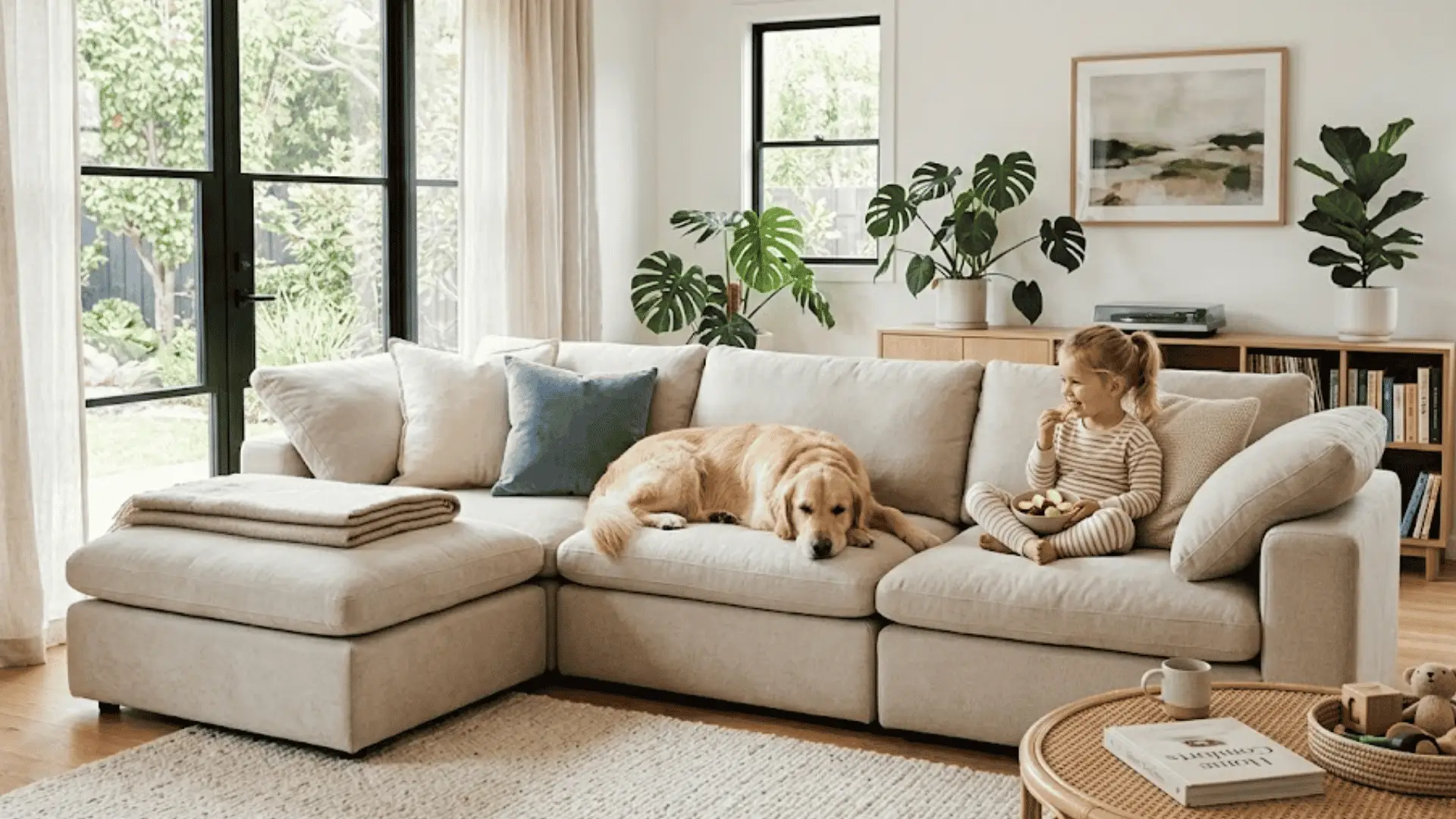 Cozy living room with beige sectional sofa, child eating on couch, large windows, and indoor plants