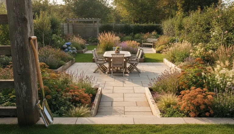 Wooden patio table and chairs in lush garden with colorful flowers and stone pathway