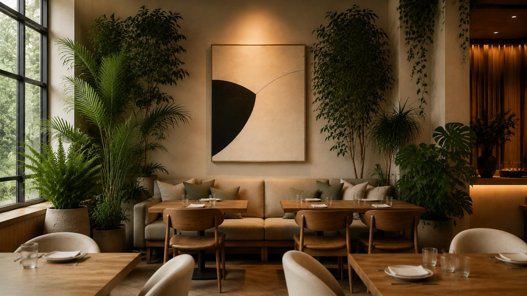Wide modern café interior with green banquettes, wooden tables, chairs, large potted plants, and an abstract artwork on the wall.