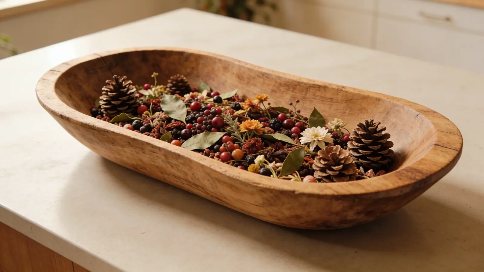 Wide wooden dough bowl with dried botanicals placed on kitchen island countertop