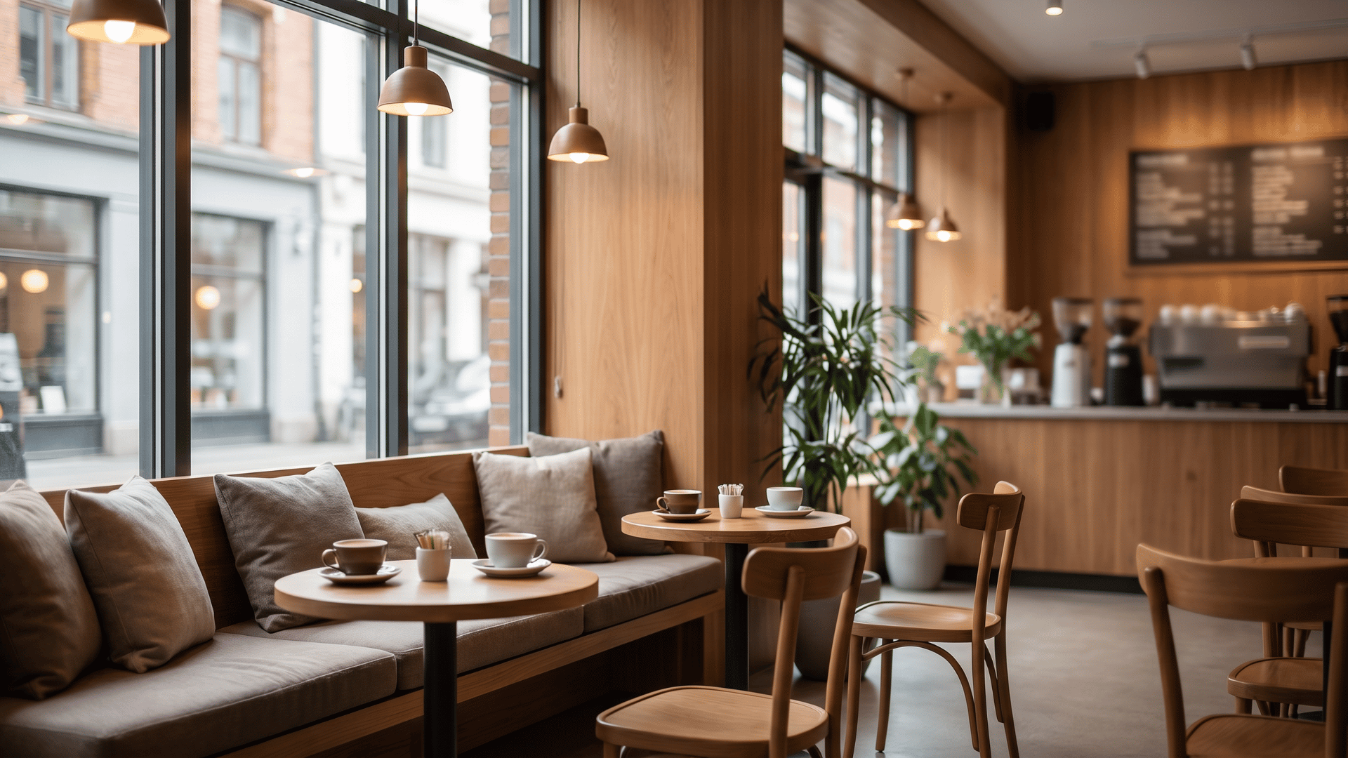 Window bench seating with cafe tables inside a modern coffee shop interior