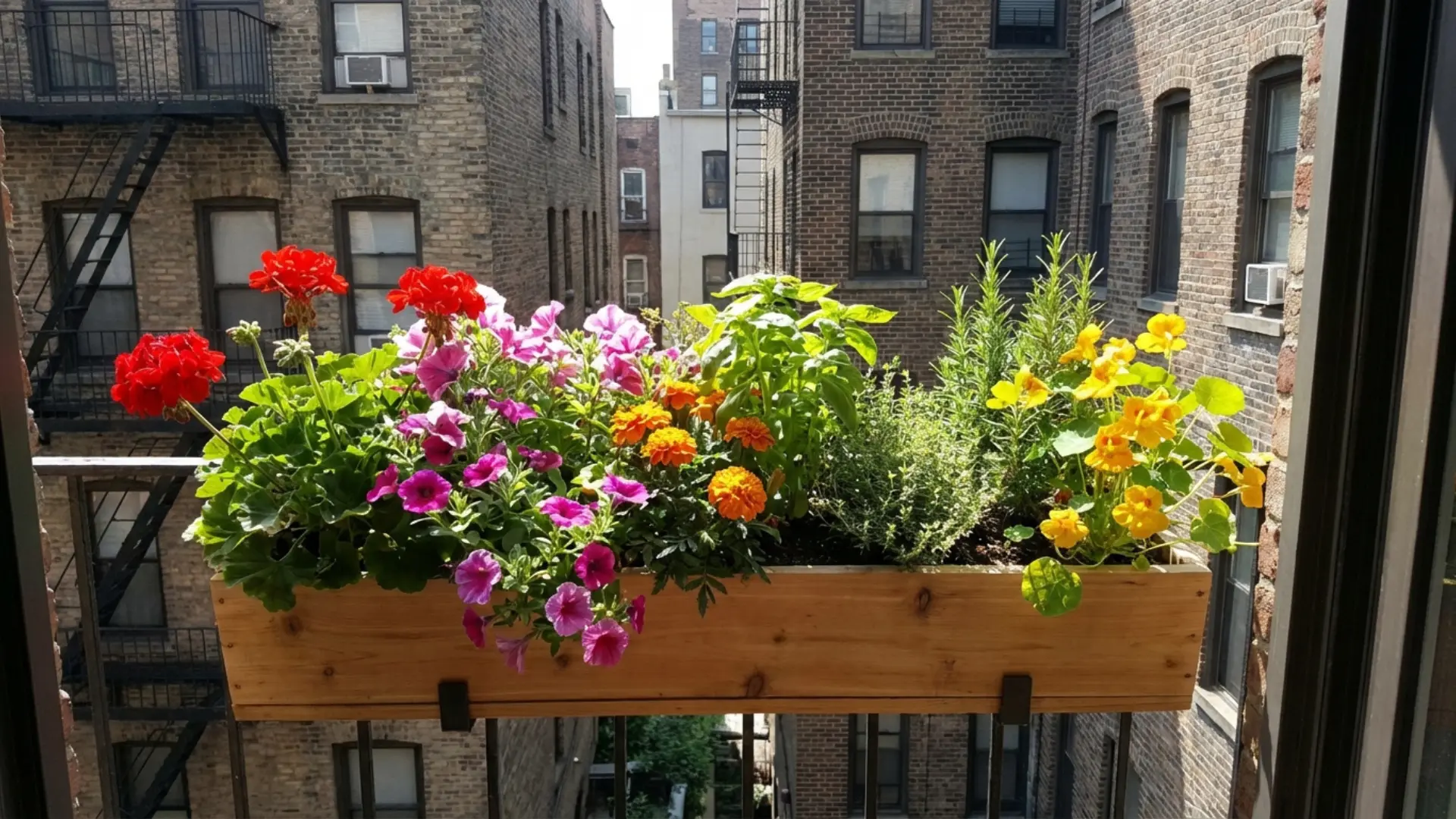 Window box flower containers on a small apartment window with plants