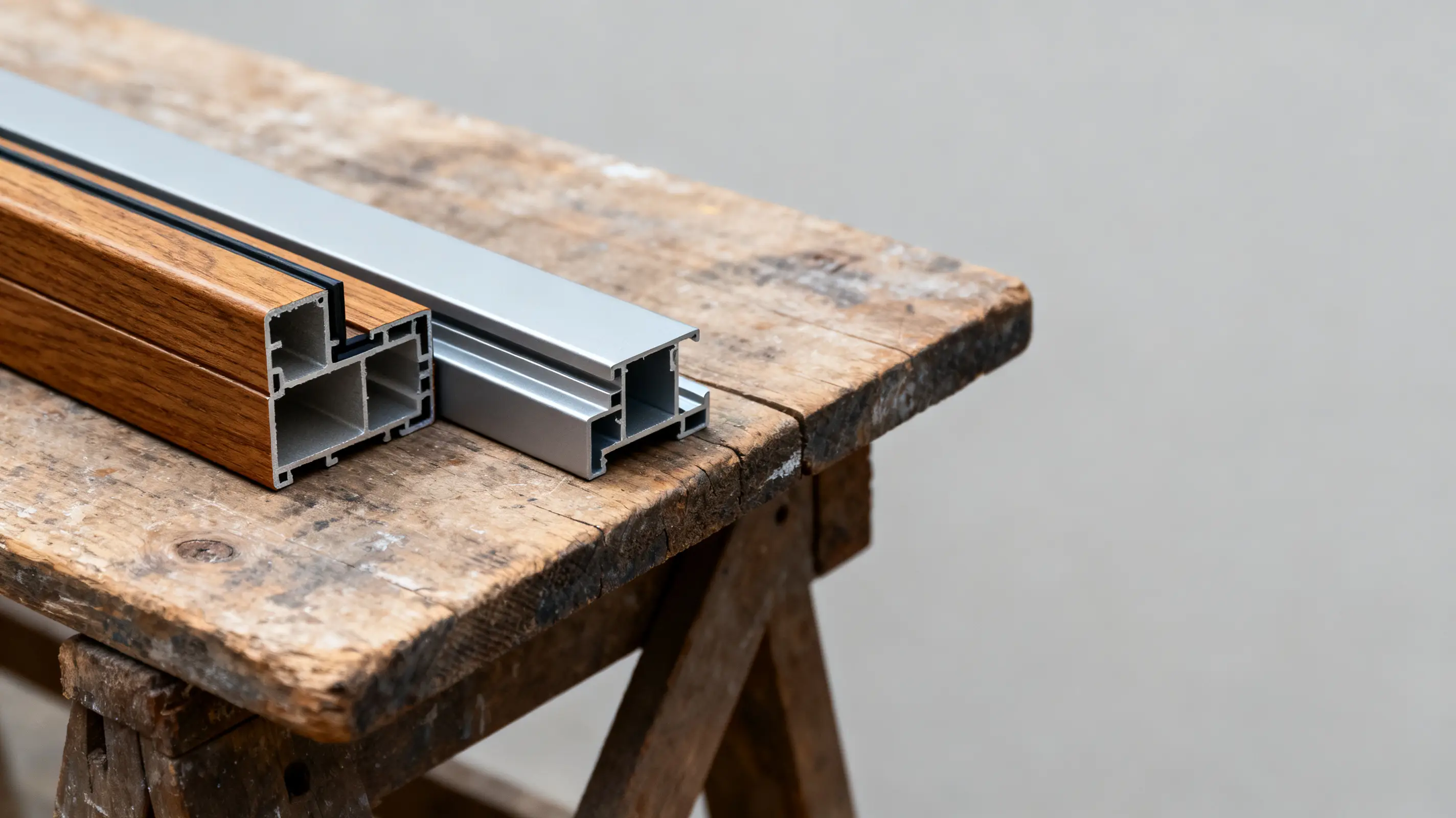 Wood and metal structural profiles on rustic wooden workbench in workshop setting