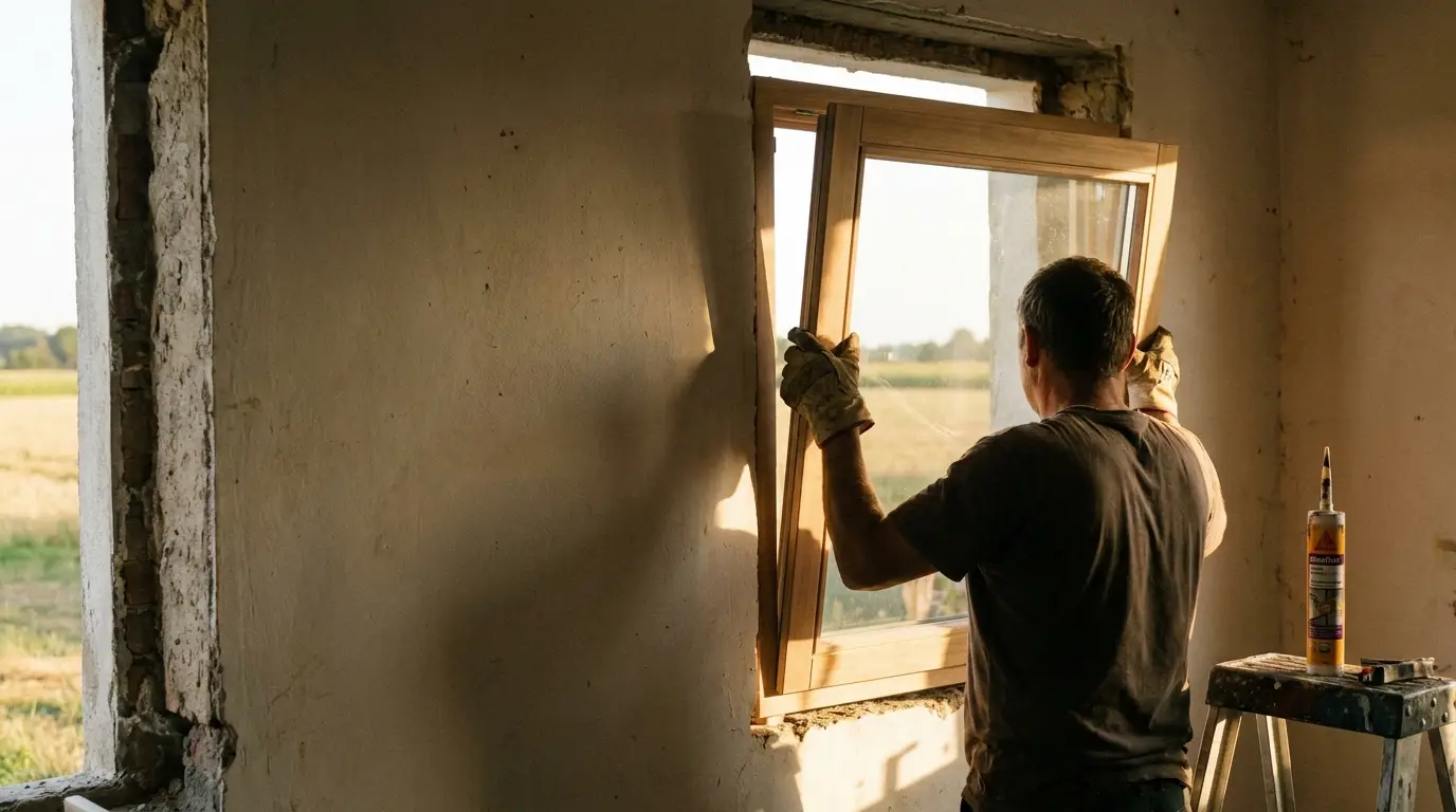 Man installing wooden window frame in rustic interior with construction tools on stool