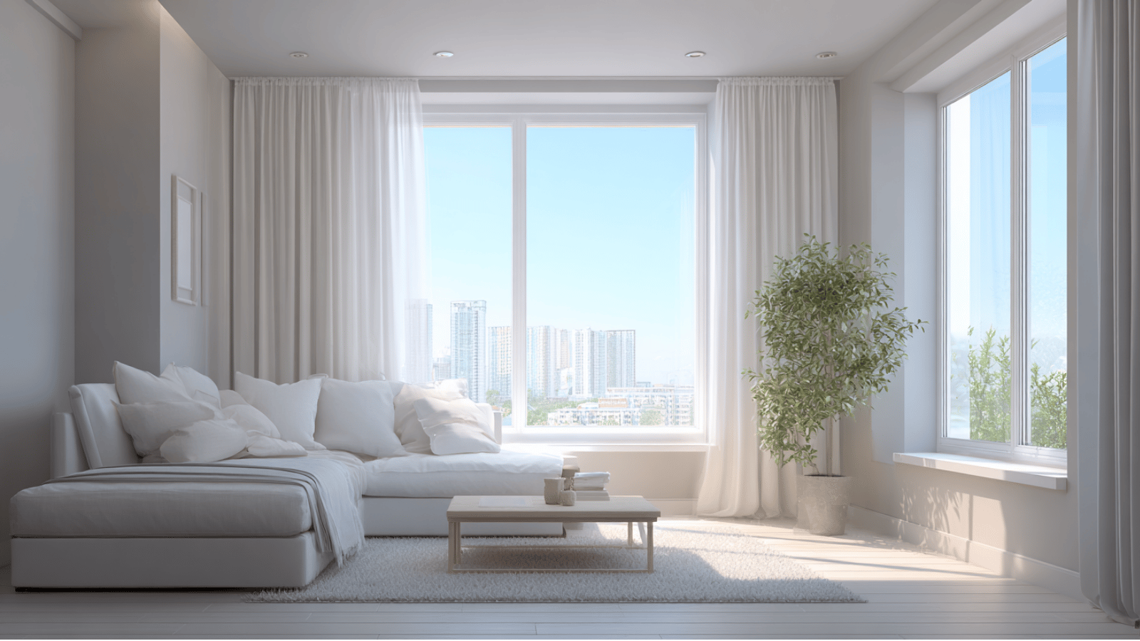 Large window with modern apartment rooms showing sunlight, airflow, and standard window size comparisons.