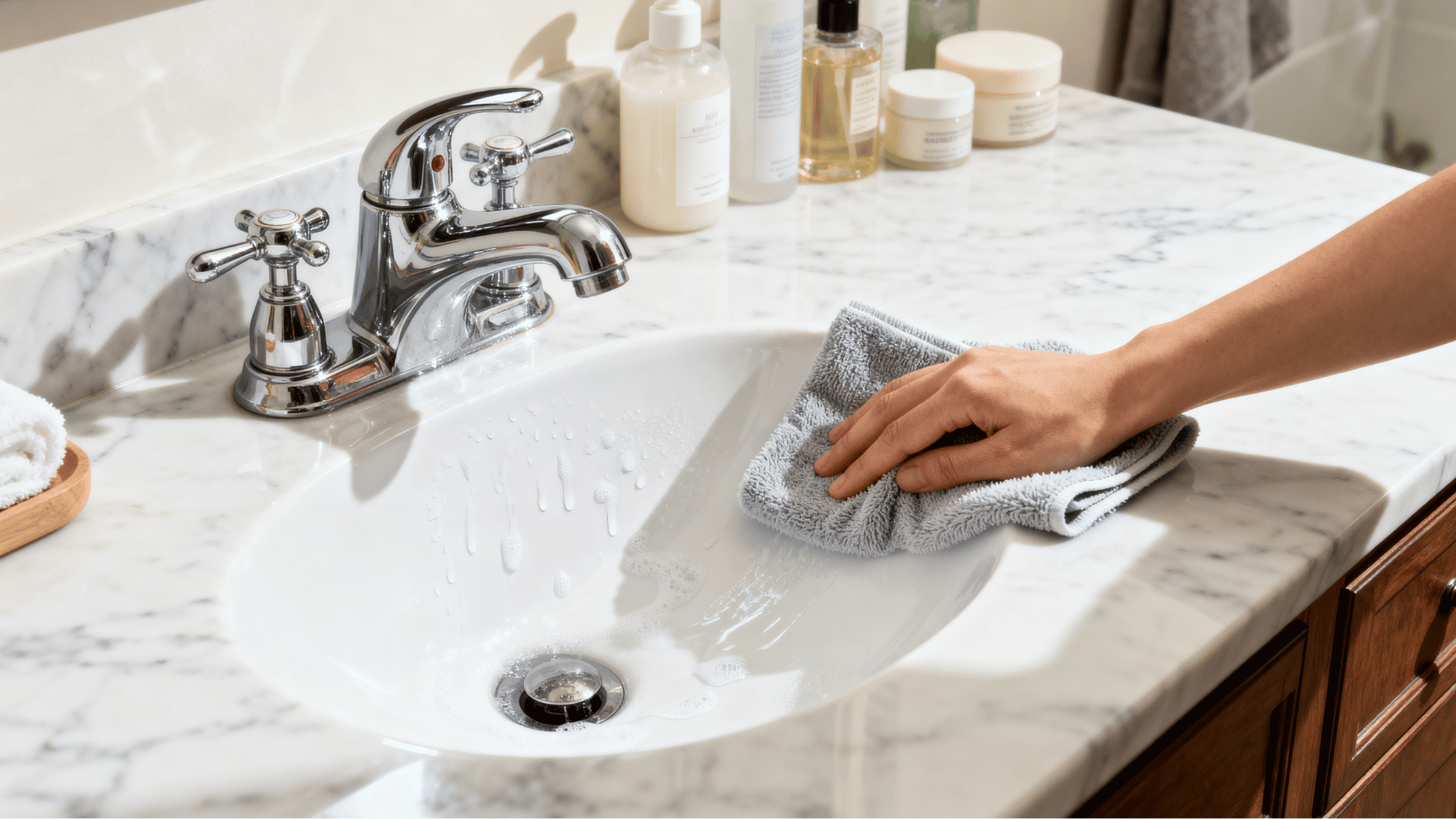 wiping a bathroom sink and marble countertop to remove water spots, residue, and everyday bathroom grime.