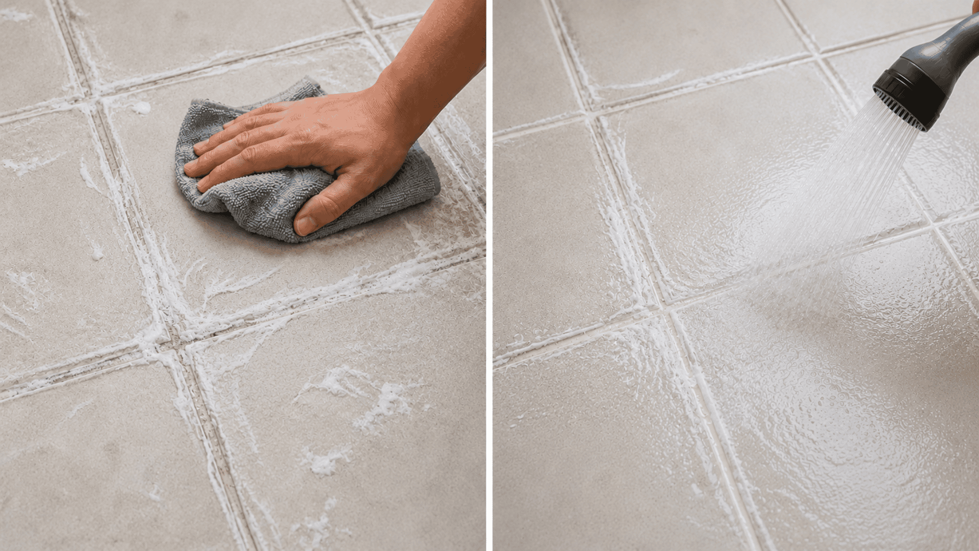 wiping and rinsing dirty grout floor with cleaning paste during tile grout cleaning process