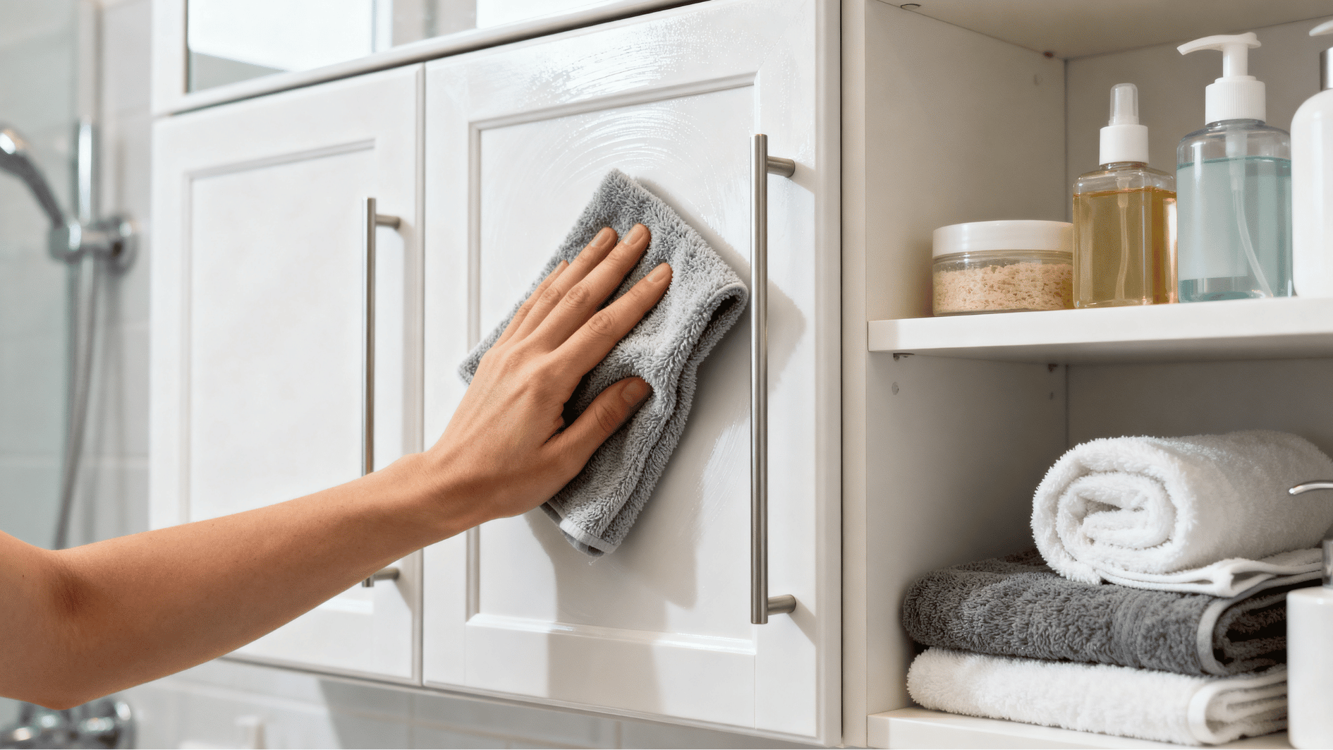 wiping bathroom cabinet doors and storage shelves to remove dust, fingerprints, and product residue.