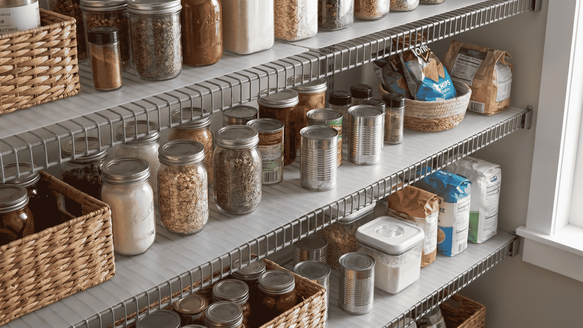 wire-pantry-shelves-with-flat-shelf-liners-jars-baskets-and-storage-containers-arranged-in-a-realistic-pantry-setup