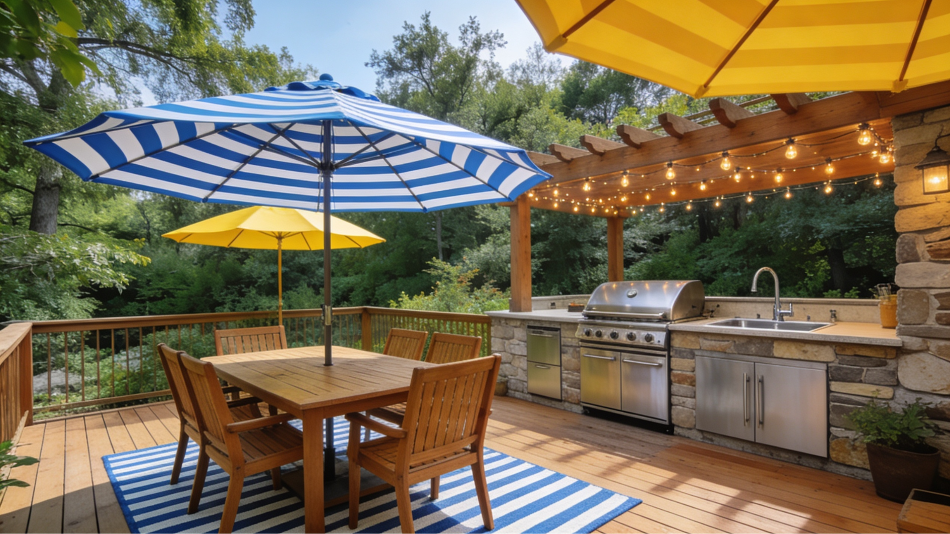 wood deck outdoor kitchen with stone veneer, built-in grill, sink, and pergola string lights