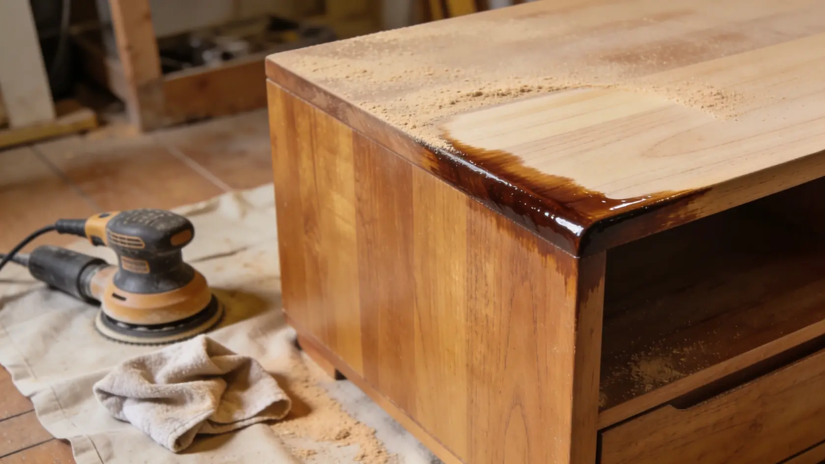 Wood furniture piece partially sanded and stained with refinishing tools placed nearby