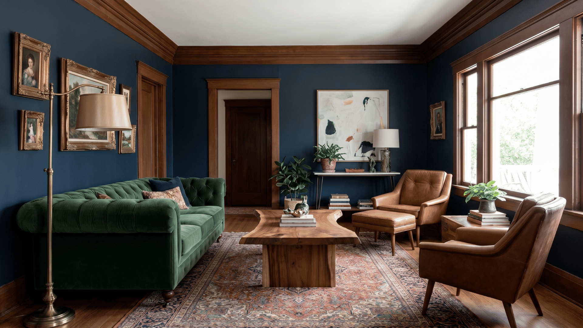 Living room with custom crown molding, dark blue walls, wooden trim, and classic furniture for a polished, upscale interior