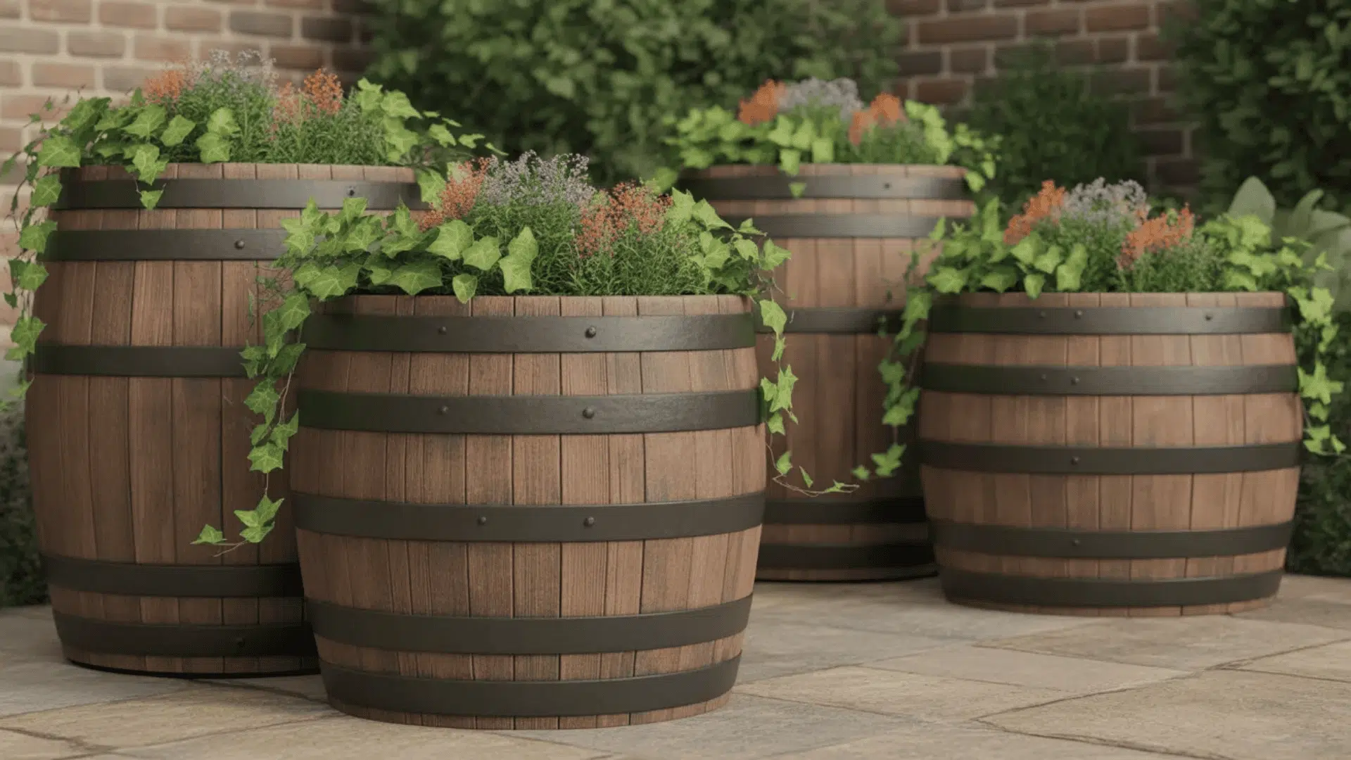 Wooden barrels used as planters with plants growing in an outdoor space