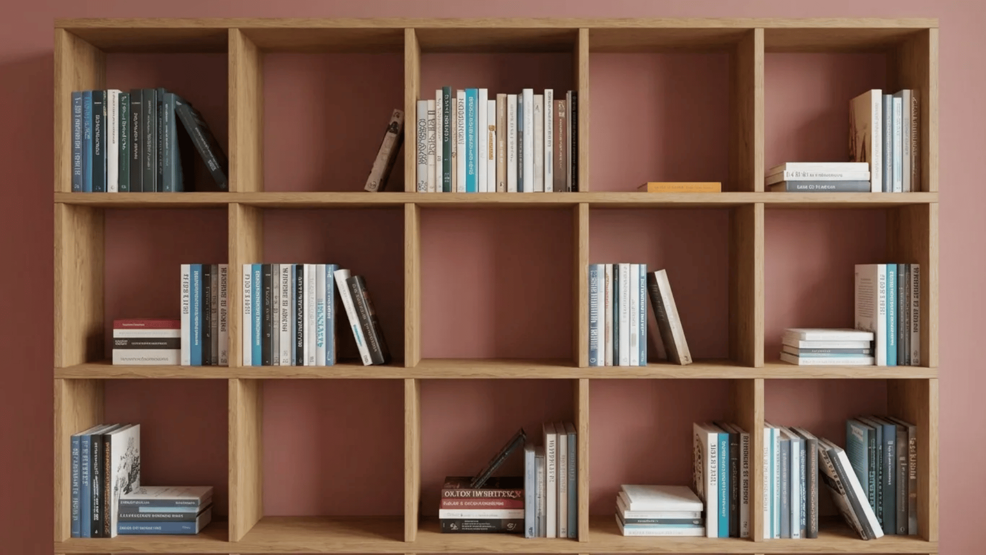Wooden bookshelf with pink backing, partially filled with books in neat stacks.