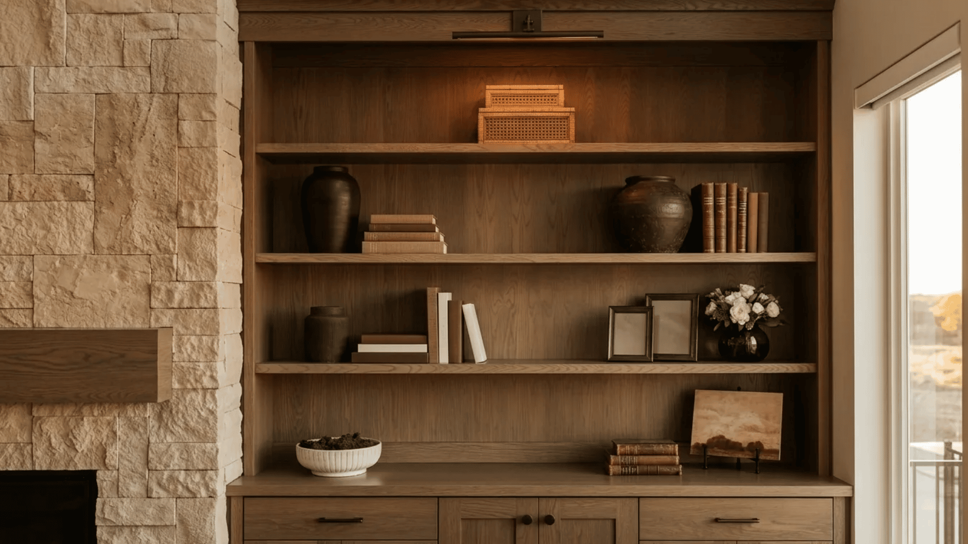 Wooden built-in bookshelf with books, vases, and decor, spaced for visual balance.