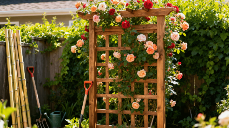 wooden diy trellis with blooming roses in a sunny backyard garden with bamboo poles and gardening tools nearby
