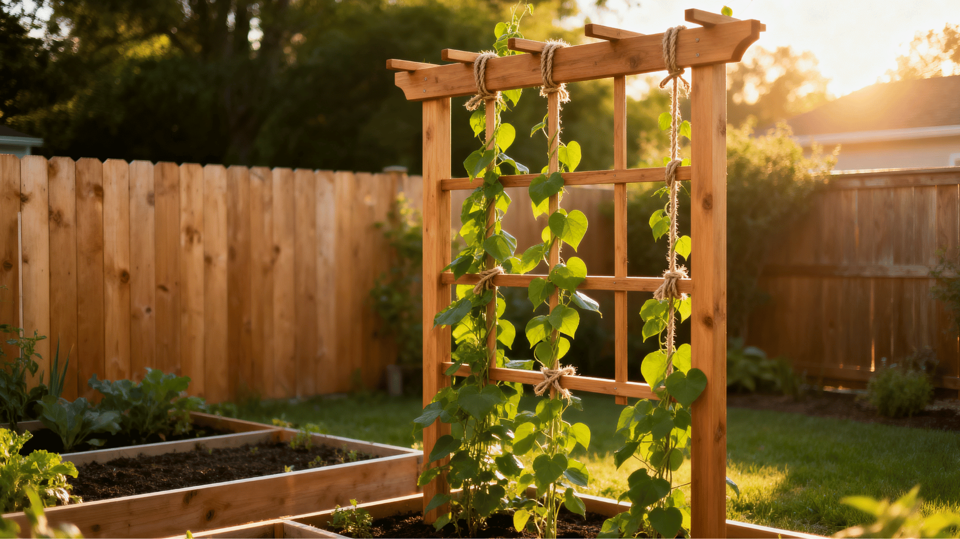 wooden diy trellis with climbing green vines tied with garden twine in a sunny backyard raised garden bed