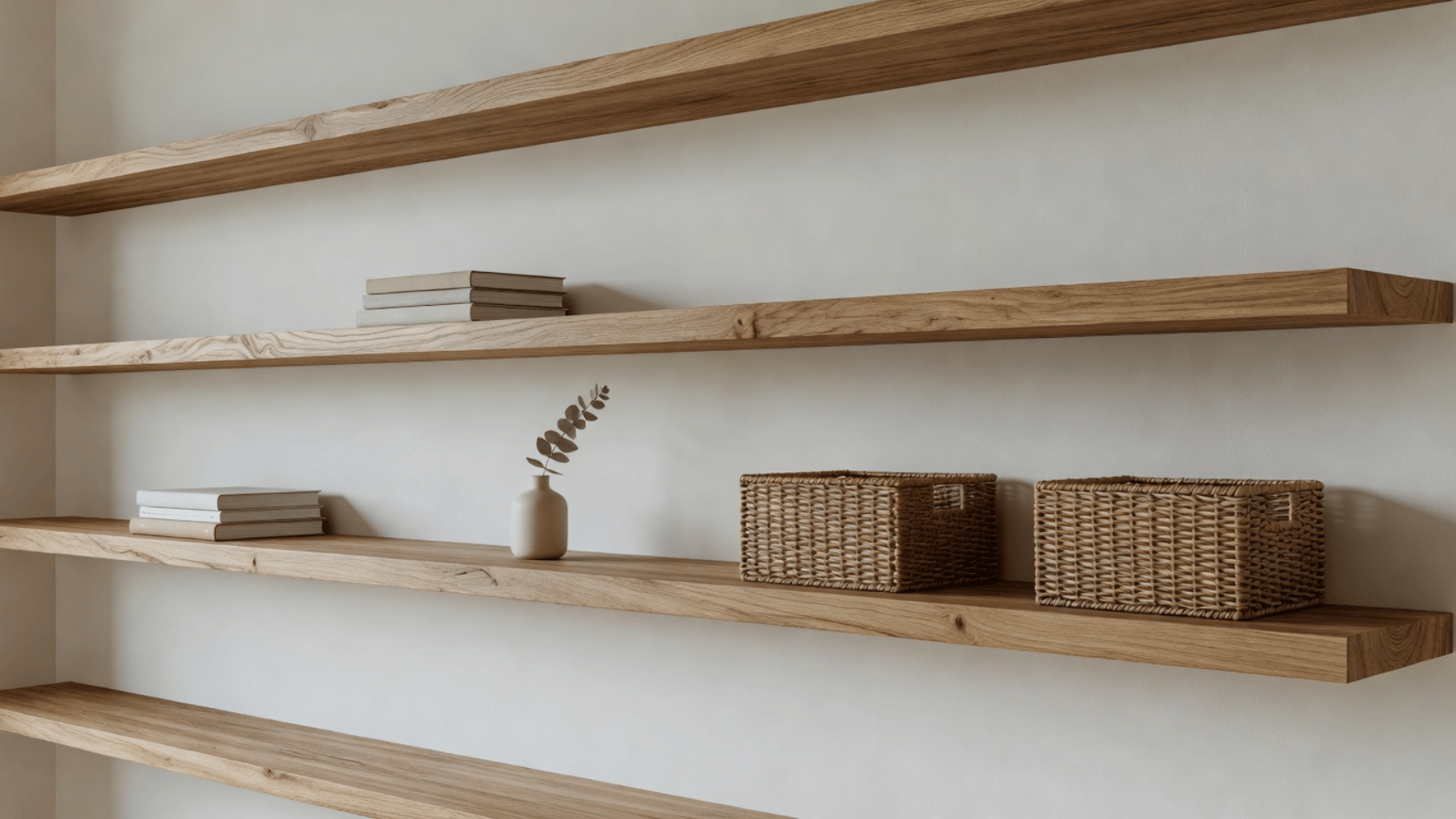 Wooden floating shelves mounted on a wall with small decor and storage items placed on them