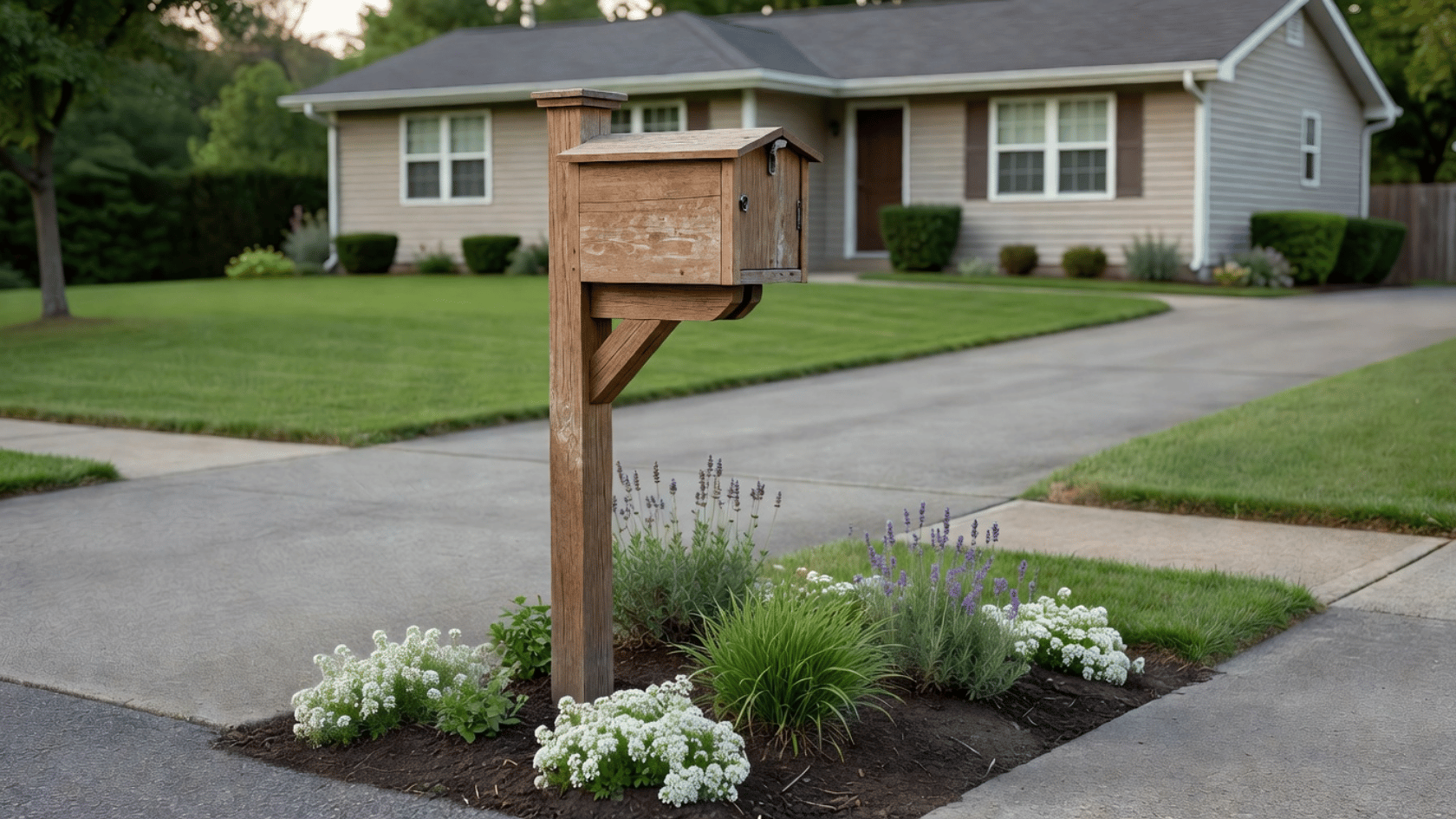 Wooden frame around a mailbox with small plants at the base near a driveway