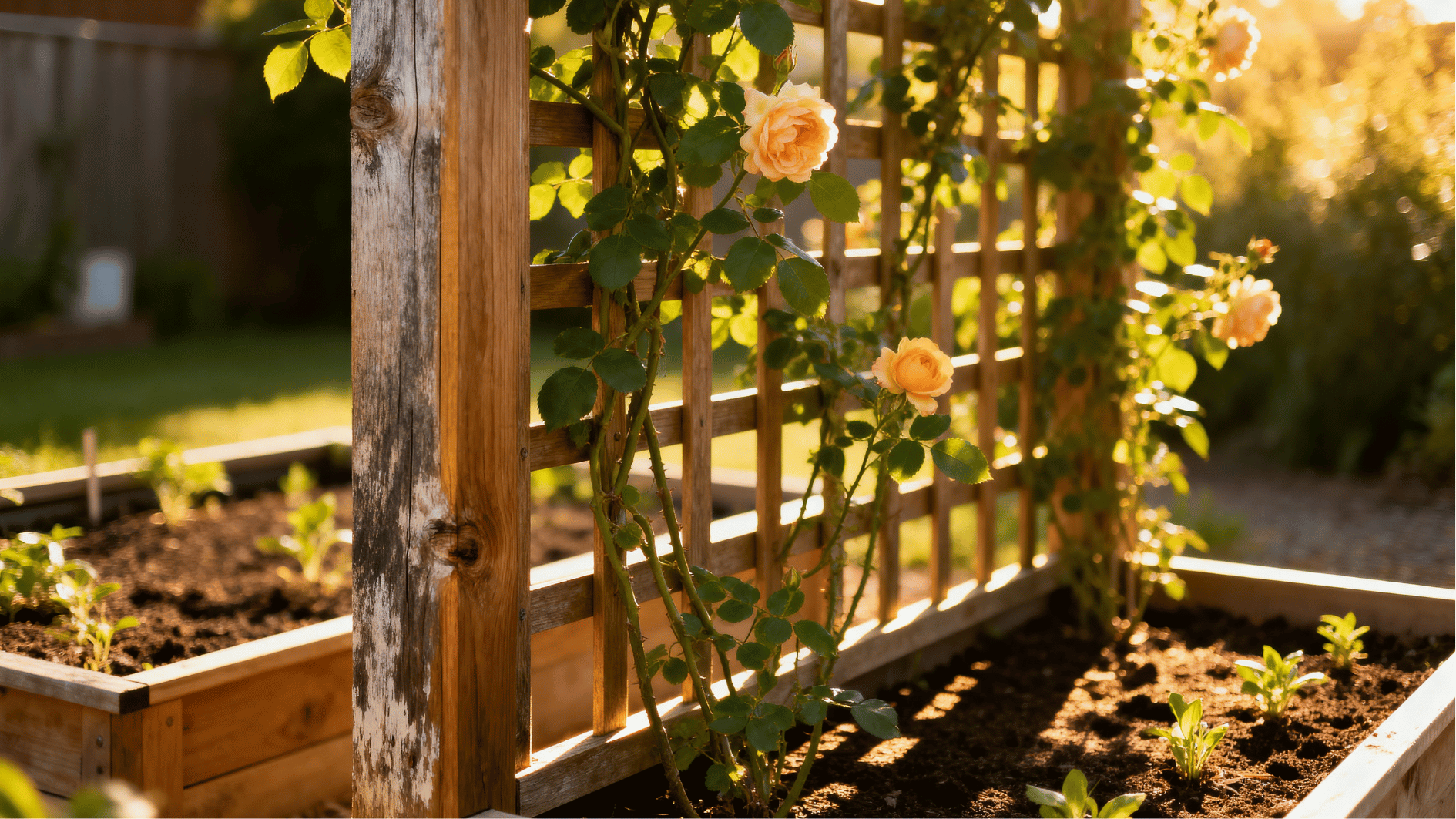 wooden garden trellis with blooming climbing roses beside raised garden beds in warm backyard sunlight