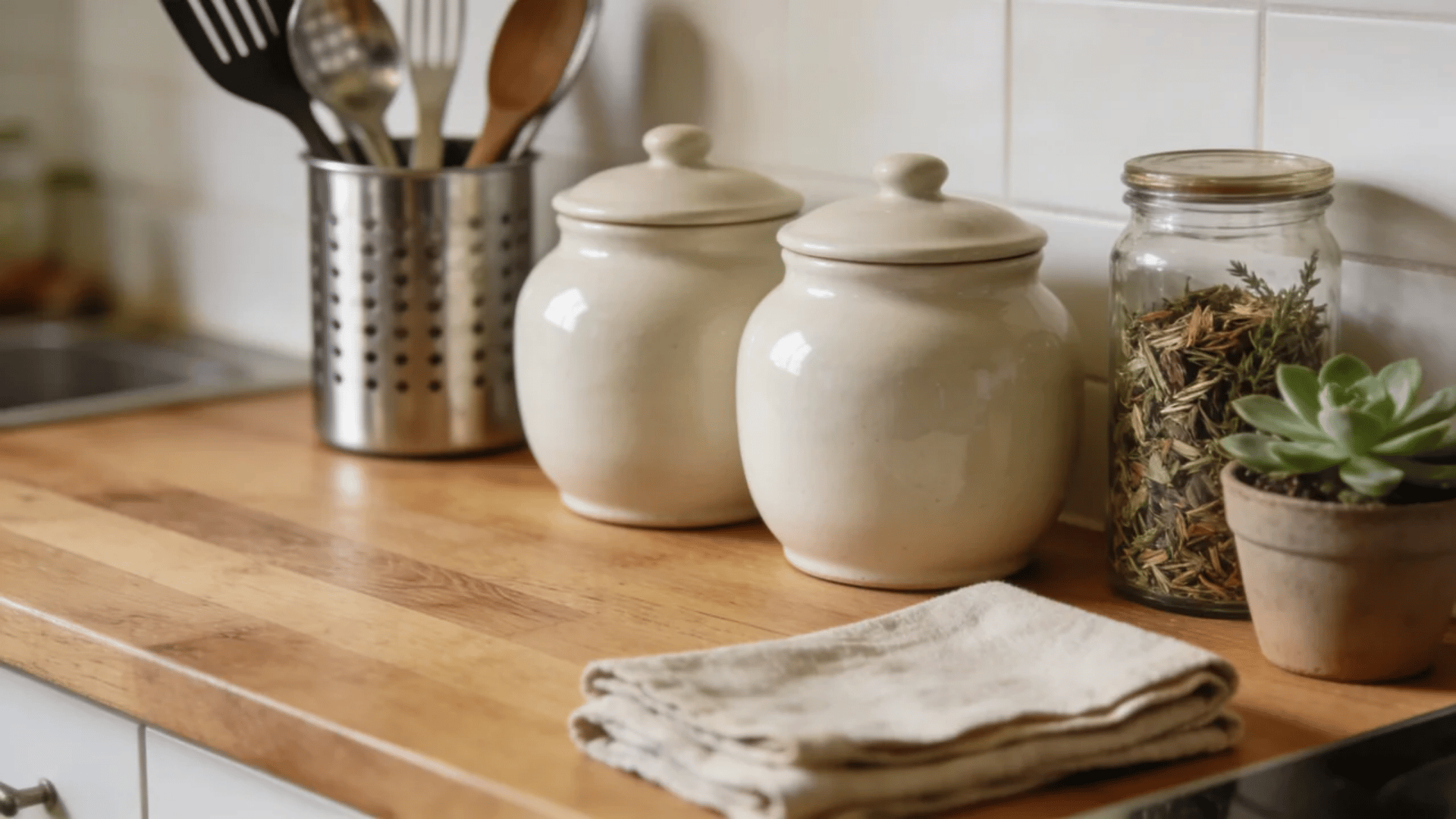 Wooden kitchen countertop with ceramic jars, utensils, folded cloth, and small plant.