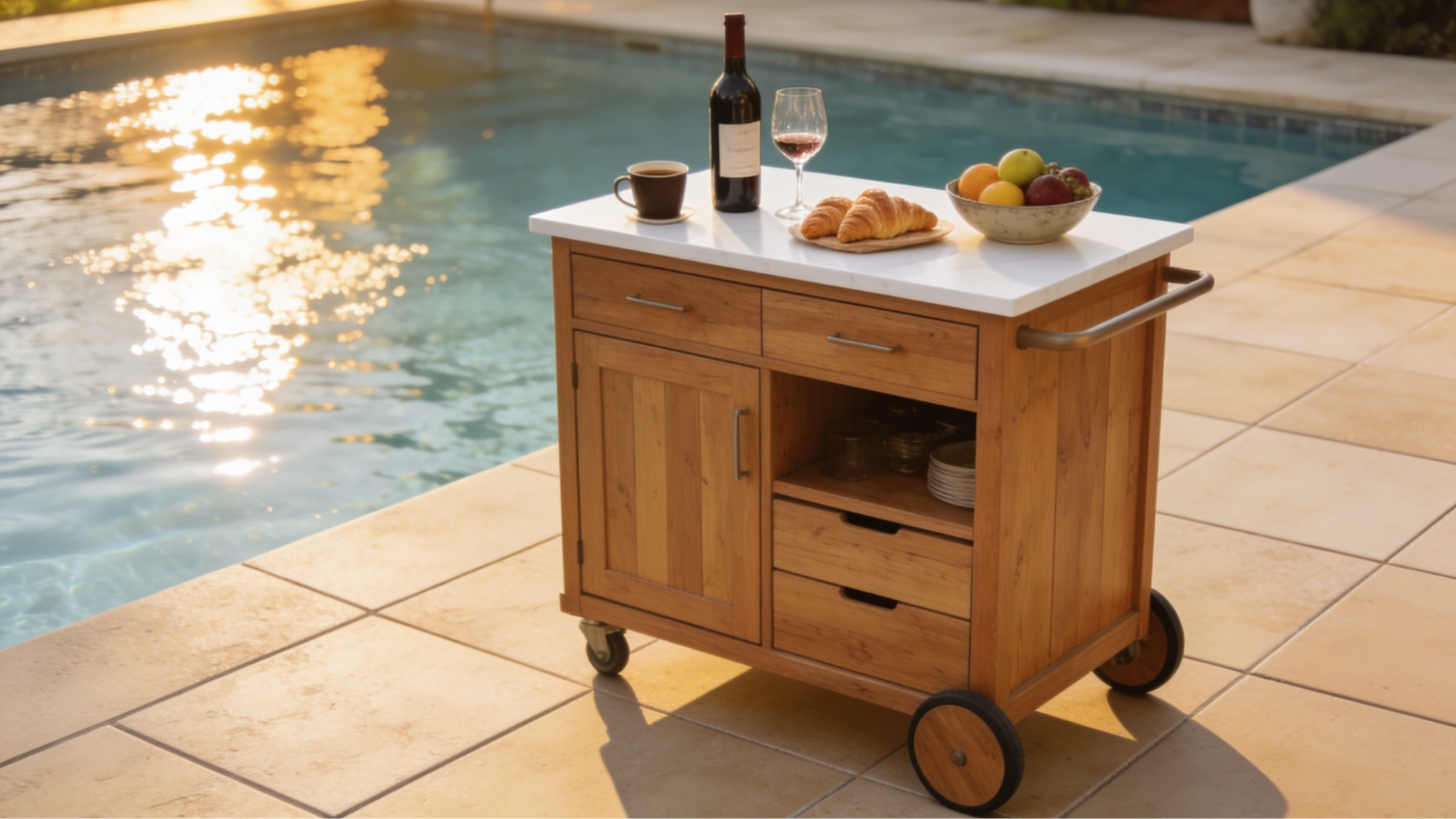 wooden portable outdoor kitchen cart on wheels with things on top