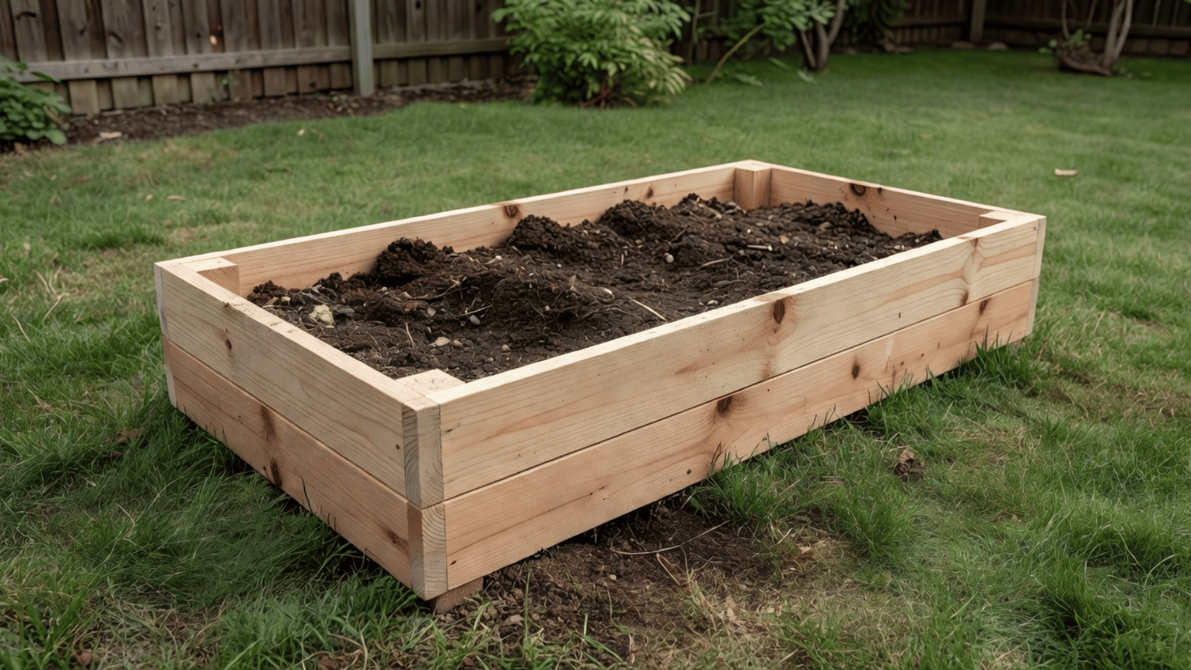 Wooden raised planter box filled with soil in a backyard garden area