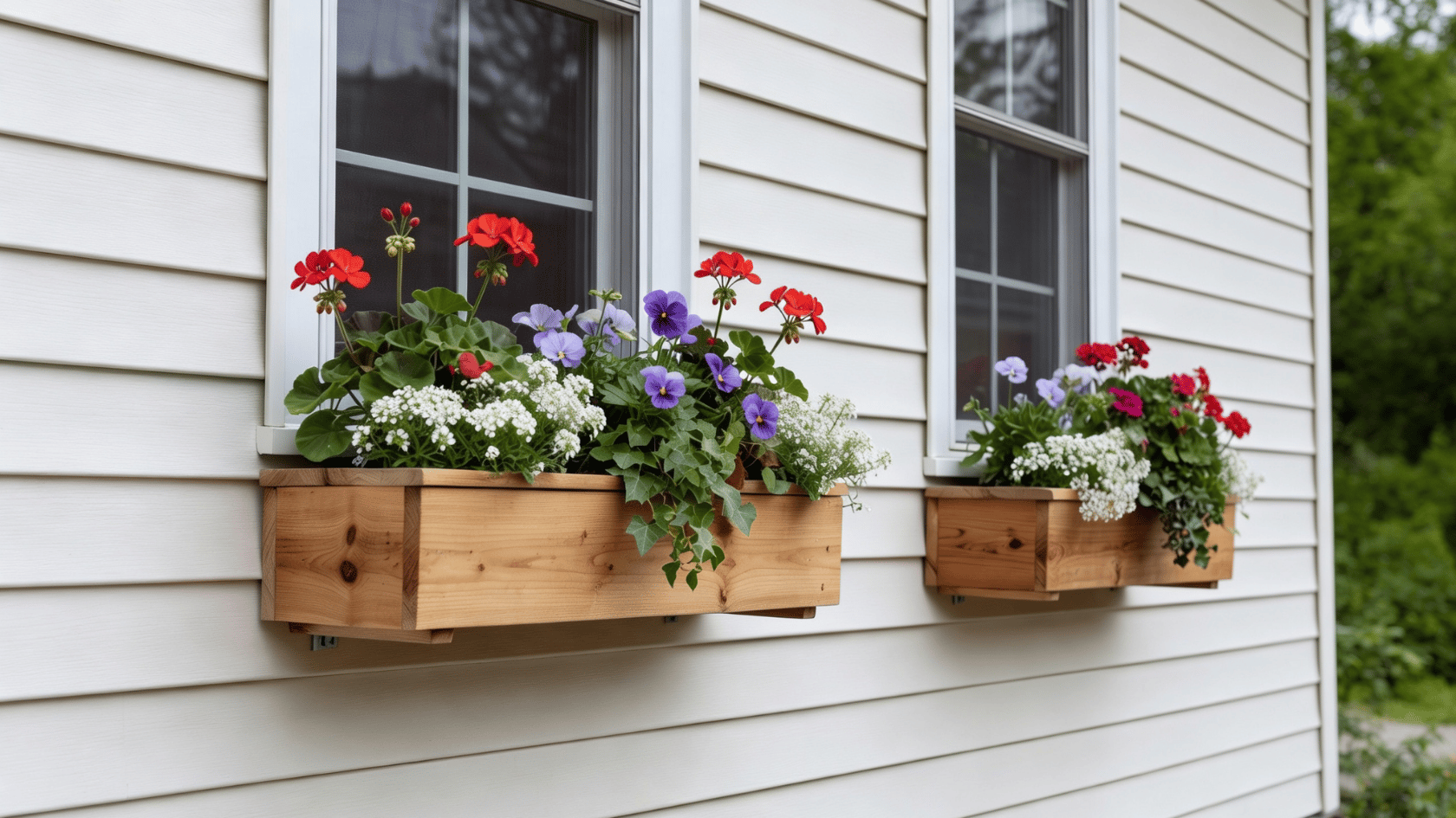 Wooden window boxes with flowers mounted below house windows