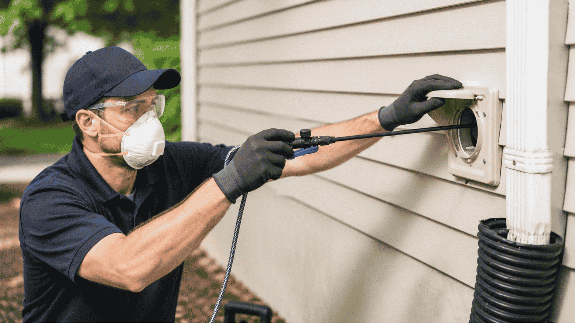 worker cleaning an outdoor dryer vent on the side of a house
