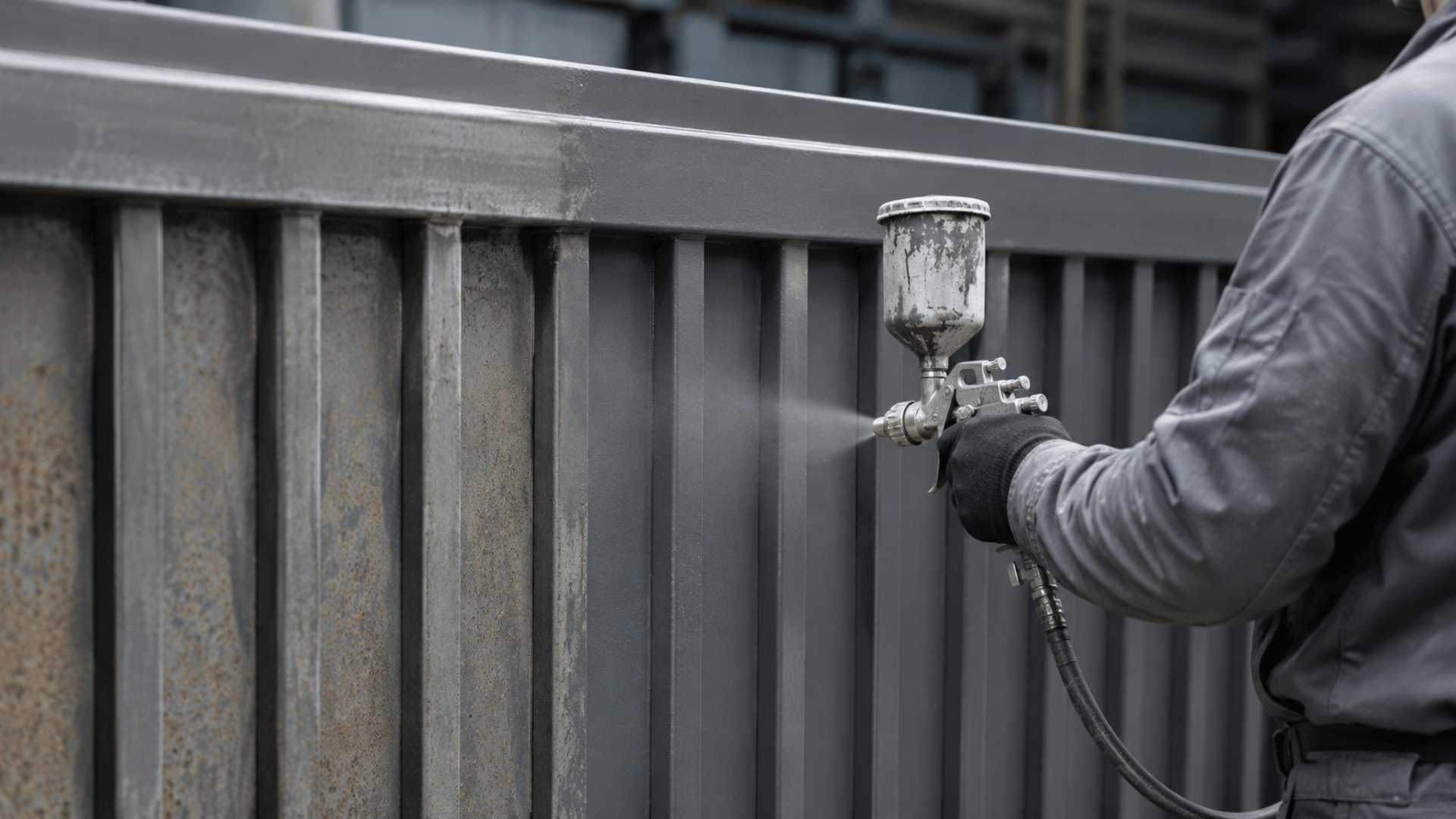 worker spraying direct-to-metal coating on a rusty metal panel for corrosion protection.