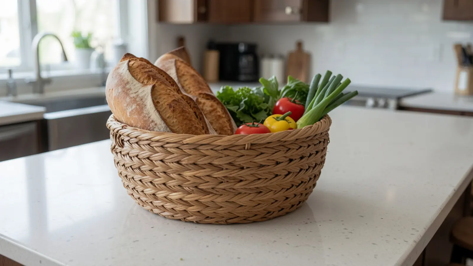 Woven basket filled with fresh sourdough loaf placed on kitchen island countertop