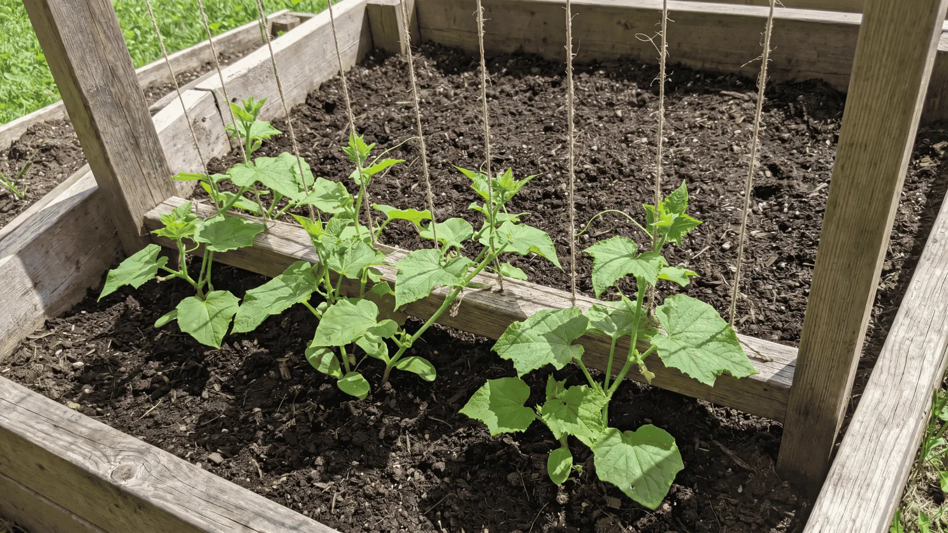 Young cucumber plants growing beside a vertical trellis in a raised garden bed with rich soil and direct sunlight.